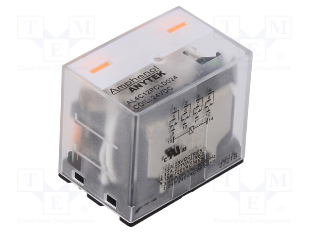 Relay: electromagnetic industrial; 4PDT; 24VDC; 12A/277VAC; PCB