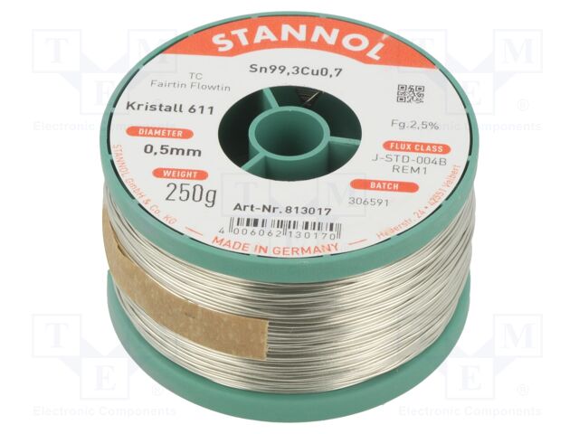 Soldering wire; Sn99,3Cu0,7; 0.5mm; 250g; lead free; Package: reel