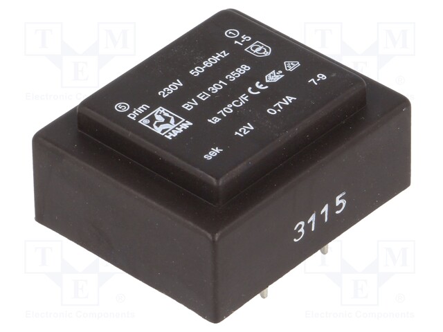 Transformer: encapsulated; 0.7VA; 230VAC; 12V; 58mA; Mounting: PCB