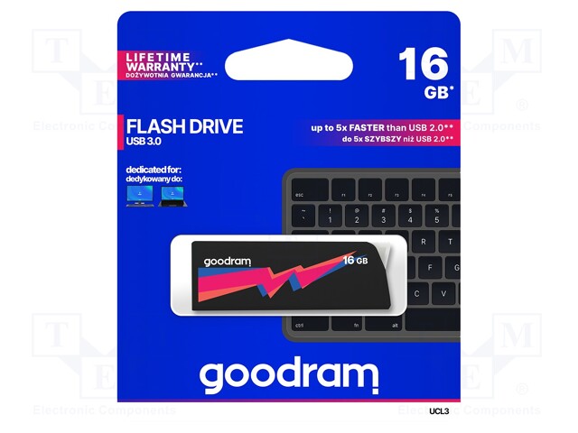 Pendrive; USB 3.0; 16GB; Read: 60MB/s; Write: 20MB/s; Colour: black