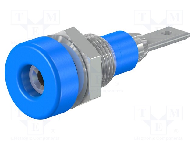 Socket; 2mm banana; 10A; 23mm; blue; soldered,on panel; insulated