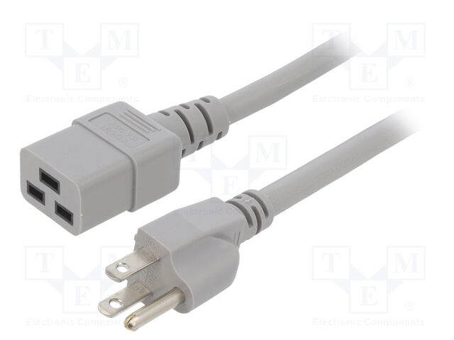 Cable; 3x14AWG; IEC C19 female,NEMA 5-15 (B) plug; PVC; 5m; grey