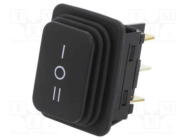 ROCKER; DP3T; Pos: 3; ON-OFF-ON; 14A/250VAC; black; none; 100mΩ