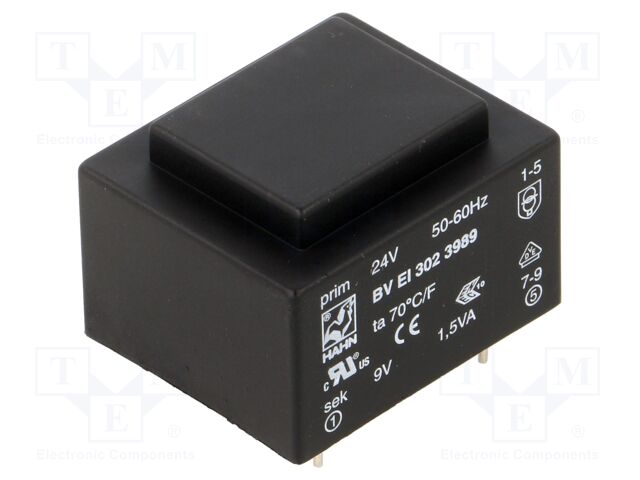 Transformer: encapsulated; 1.5VA; 24VAC; 9V; 167mA; Mounting: PCB
