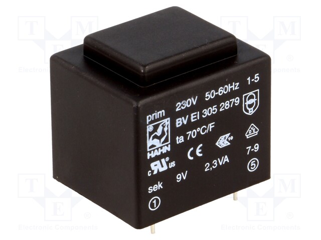 Transformer: encapsulated; 2.3VA; 230VAC; 9V; 255mA; Mounting: PCB
