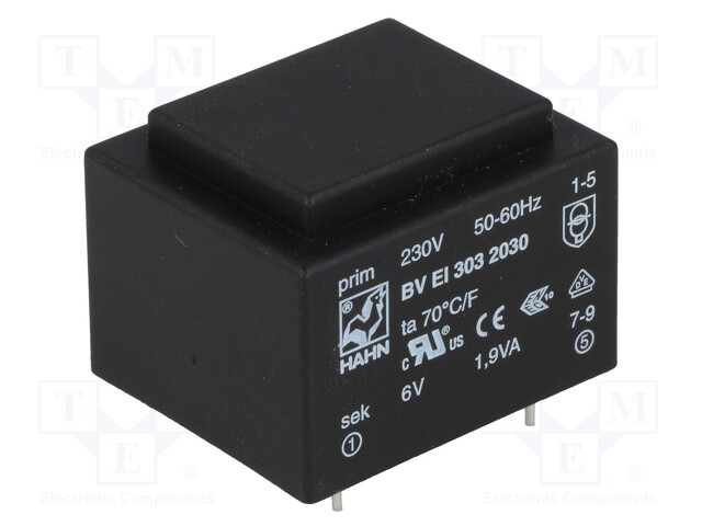 Transformer: encapsulated; 1.9VA; 230VAC; 6V; 316mA; Mounting: PCB