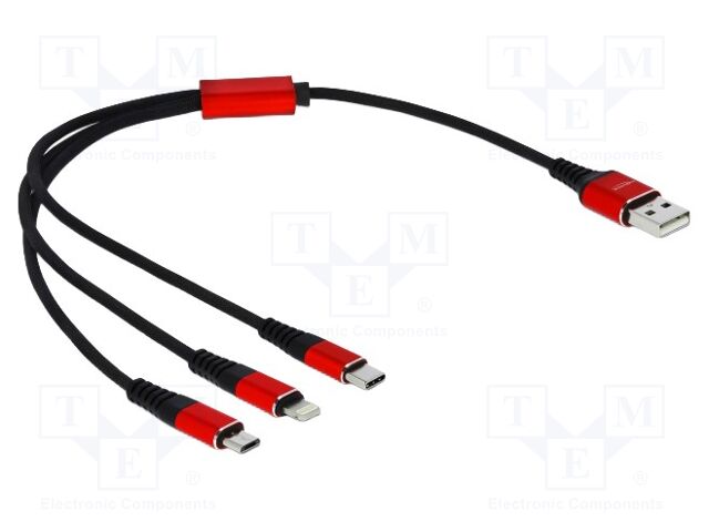 Cable; USB 2.0; 0.3m; black; Cu,tinned; 22AWG; metal; textile; 5V; 3A