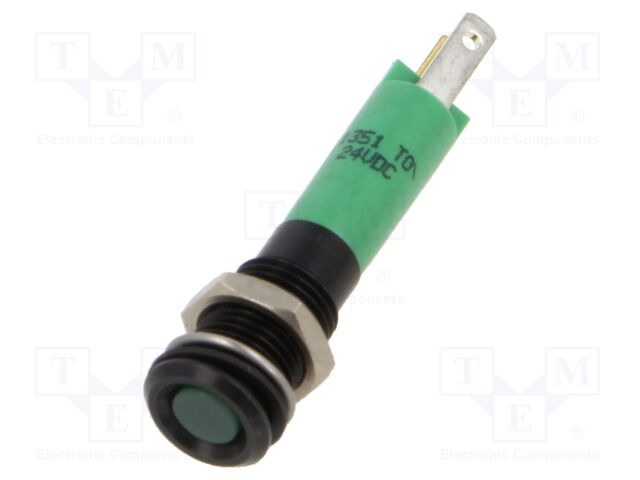Indicator: LED; flat; green; 24VDC; Ø8mm; 2x0,8mm connectors; metal