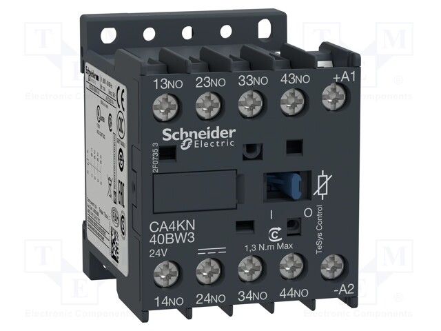 Contactor: 4-pole; NO x4; 24VDC; 10A; DIN,on panel; TeSys D; W: 45mm