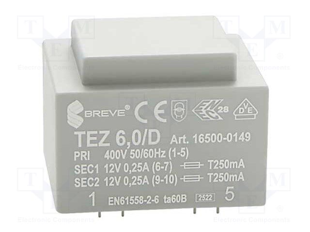 Transformer: encapsulated; 6VA; 400VAC; 12V; 12V; 250mA; 250mA; IP00