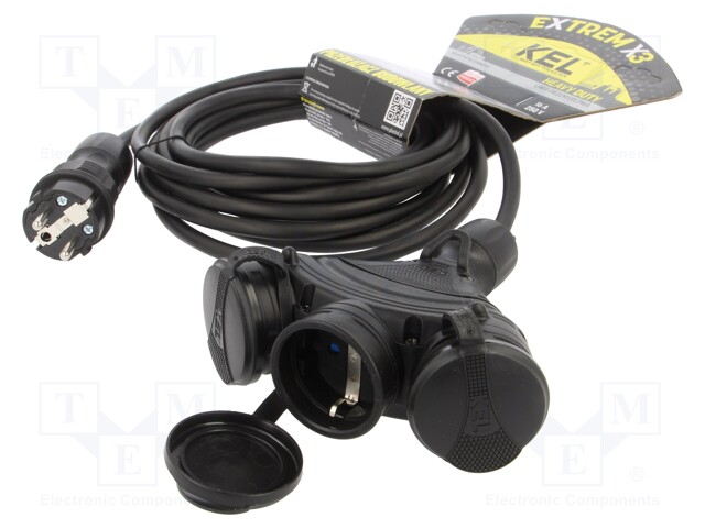 Extension lead; Sockets: 3; rubber; black; 3x1,5mm2; 5m; 16A
