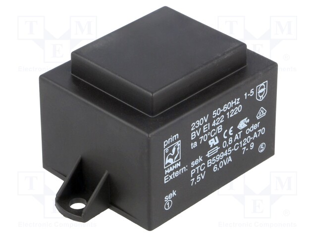 Transformer: encapsulated; 6VA; 230VAC; 7.5V; 800mA; 800mA; 200g