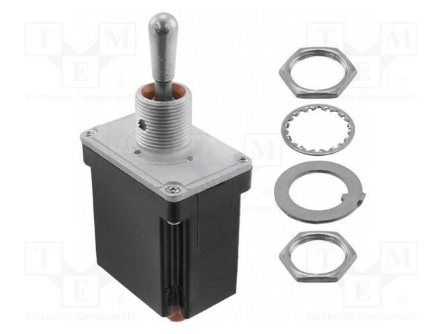 Switch: toggle; Pos: 3; DP3T; (ON)-OFF-(ON); 6A/230VAC; 18A/28VDC