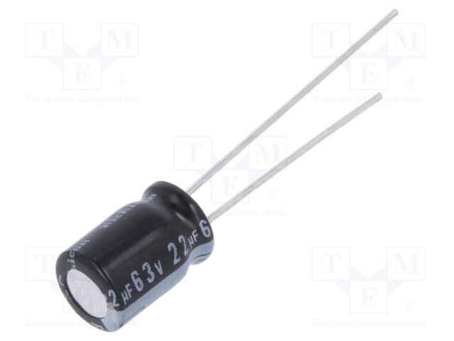 Capacitor: electrolytic; THT; 22uF; 63VDC; Ø6.3x9mm; Pitch: 2.5mm