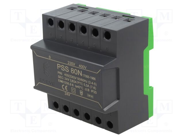 Transformer: mains; 63VA; 230VAC,400VAC; 24V; IP30; Ins.class: B