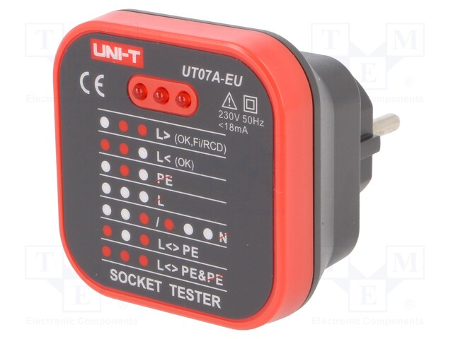 Tester: power socket tester; 3 LED; Plug: EU; 230VAC; 50÷60Hz
