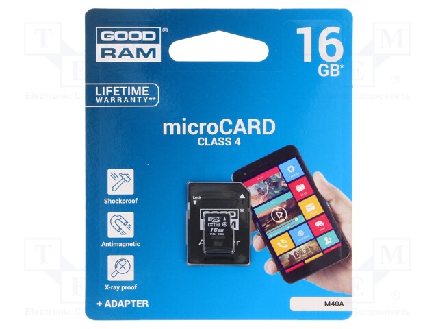 Memory card; SD HC Micro; 16GB; Read: 15MB/s; Write: 4MB/s; Class 4