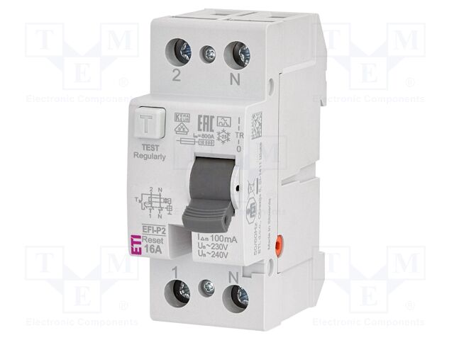 RCD breaker; Inom: 16A; Ires: 100mA; Poles: 2; 230V,240V; IP20; EFI
