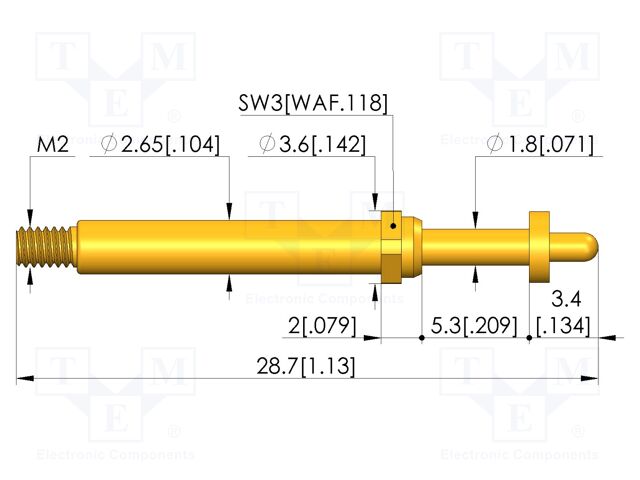 Test needle; Spring compression: 4mm; 5mm; 8A; CuBe; gold-plated