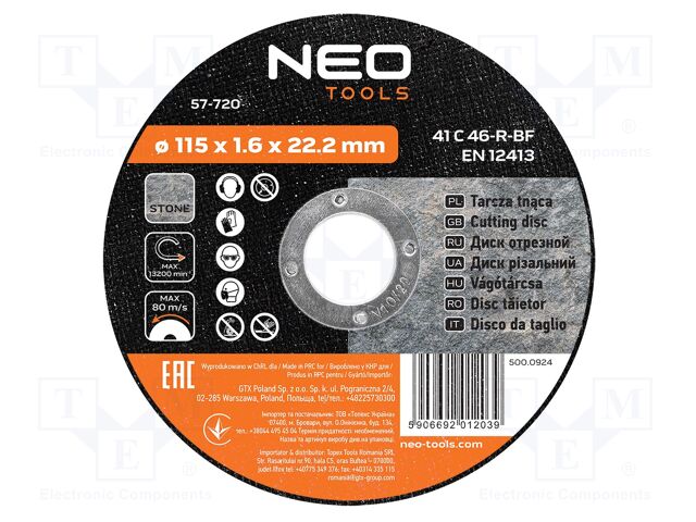 Cutting wheel; Ø: 115mm; Disc thick: 1.6mm; Holder: assembly hole