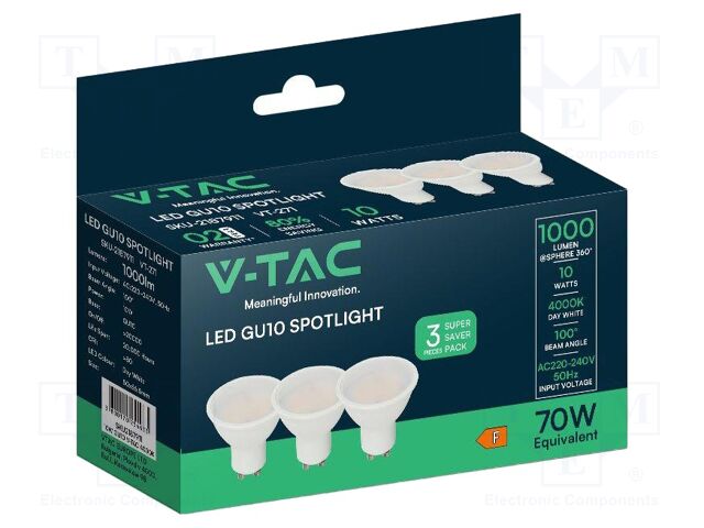 LED lamp; neutral white; GU10; 220÷240VAC; 1000lm; P: 10W; 120°