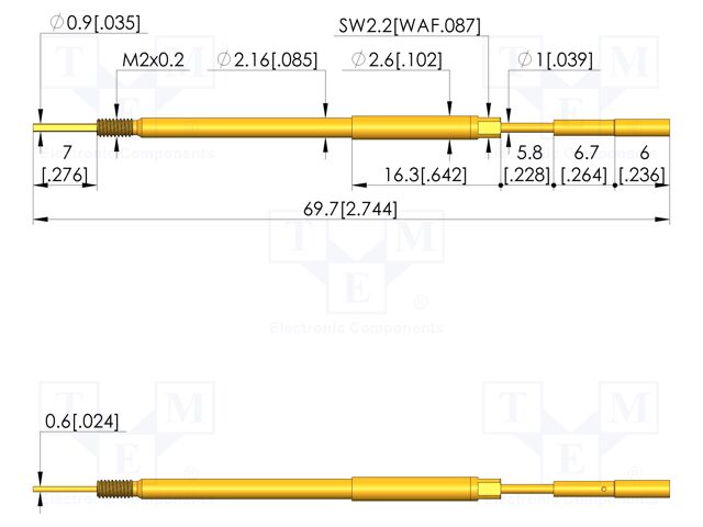 Test needle; Spring compression: 5mm; 5.5mm; 8A; steel; Ø: 1.9mm
