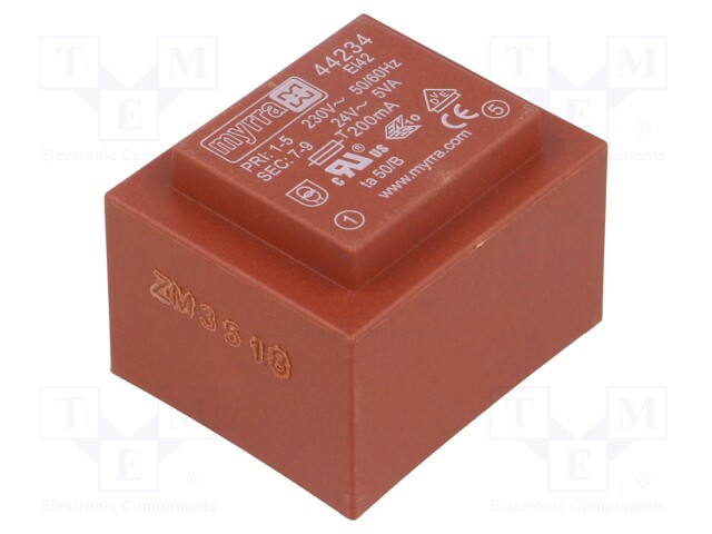 Transformer: encapsulated; 5VA; 230VAC; 24V; 208mA; Mounting: PCB
