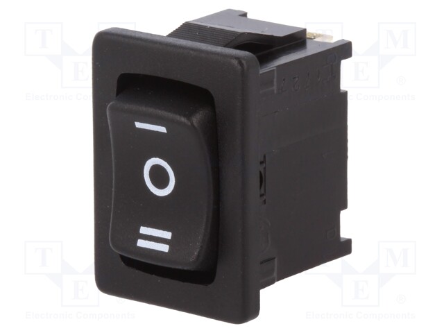 ROCKER; SP3T; Pos: 3; ON-OFF-ON; 6A/250VAC; black; IP40; none; 100mΩ