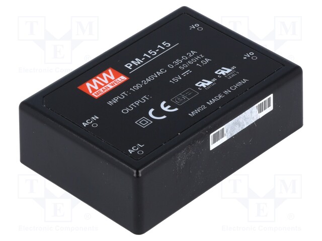 Power supply: switched-mode; modular; 15W; 15VDC; 75x53x22.7mm; 1A