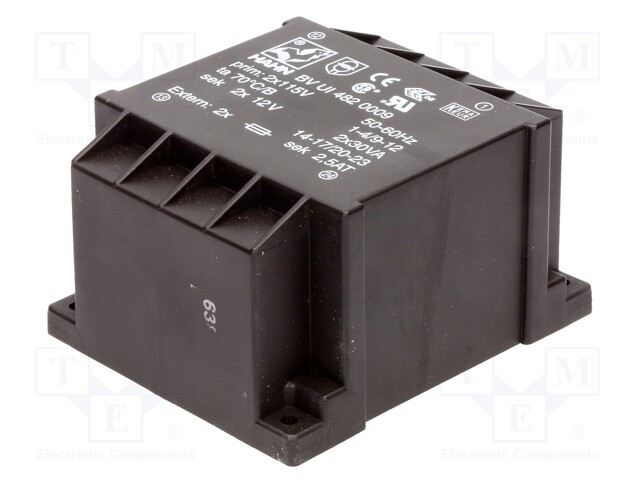 Transformer: encapsulated; 60VA; 115/115VAC; 12V; 12V; 2500mA