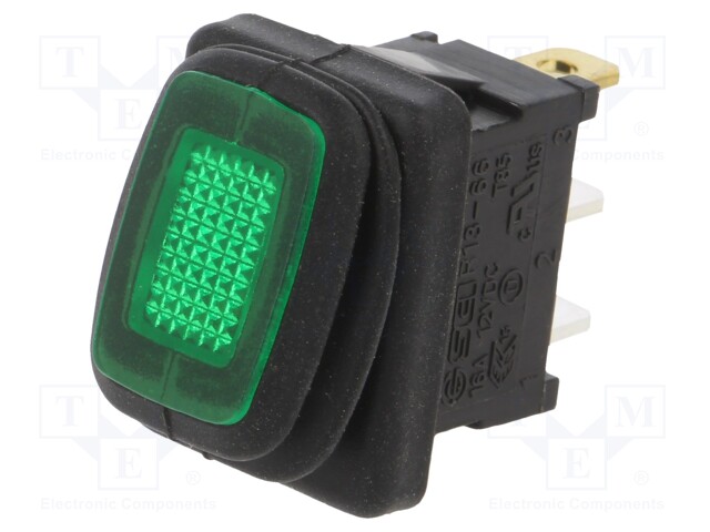 ROCKER; SPST; Pos: 2; OFF-ON; 16A/12VDC; green; IP65; LED; Body: black