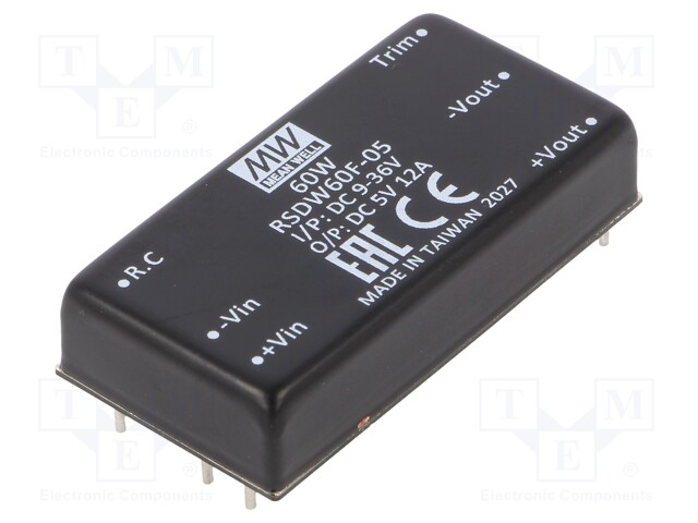 Converter: DC/DC; 60W; Uin: 9÷36V; Uout: 5VDC; Iout: 12A; 2"x1"; 37.6g