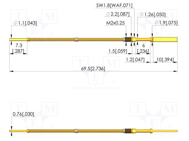 Test needle; Spring compression: 5mm; 5.5mm; 5A; steel; Ø: 1.9mm