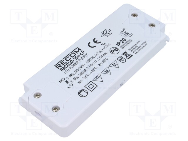 Power supply: switched-mode; LED; 20W; 2÷59VDC; 350mA; 198÷264VAC