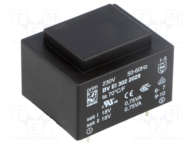 Transformer: encapsulated; 1.5VA; 230VAC; 18V; 18V; 41mA; 41mA; 70g