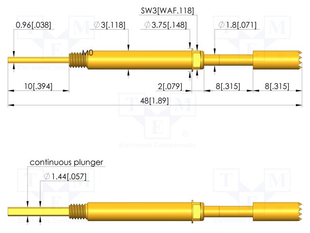 Test needle; Spring compression: 6.4mm; 8mm; 5A; CuBe; gold-plated
