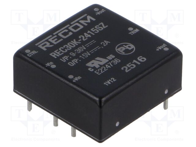Converter: DC/DC; 30W; Uin: 9÷36V; Uout: 15VDC; Iout: 2A; 1"x1"