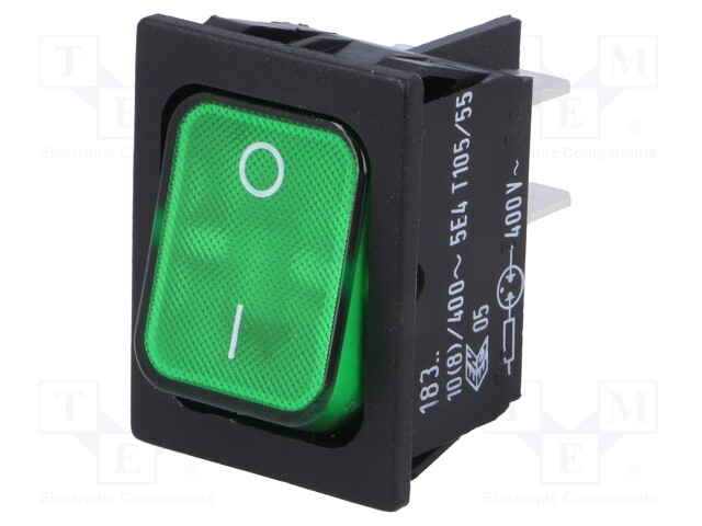 ROCKER; DPST; Pos: 2; OFF-ON; 10A/400VAC; green; IP40; 100mΩ
