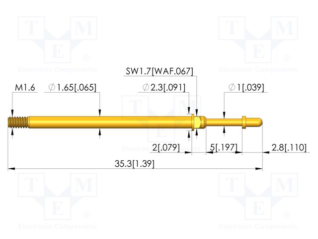 Test needle; Spring compression: 4mm; 5mm; 8A; CuBe; gold-plated