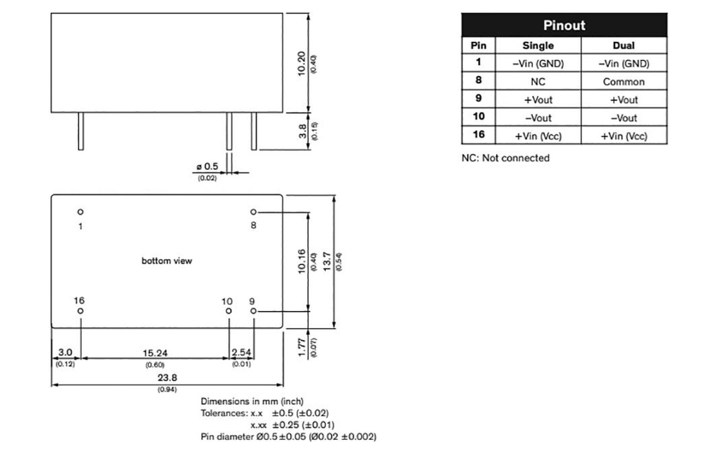 Converter: DC/DC; 12W; Uin: 18÷36V; Uout: 24VDC; Iout: 500mA; DIP16
