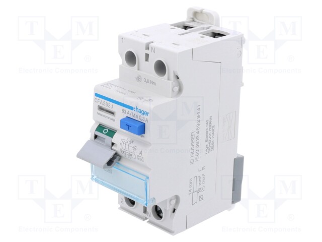 RCD breaker; Inom: 63A; Ires: 300mA; Max surge current: 250A; DIN