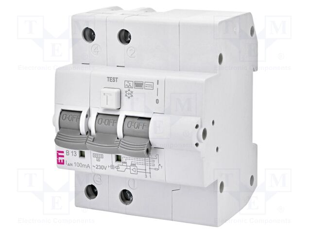 RCBO breaker; Inom: 13A; Ires: 100mA; Poles: 2; 230VAC; IP20; 1÷25mm2