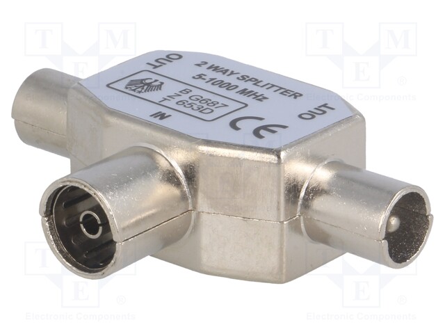 Splitter; coaxial 9.5mm socket,coaxial 9.5mm plug x2