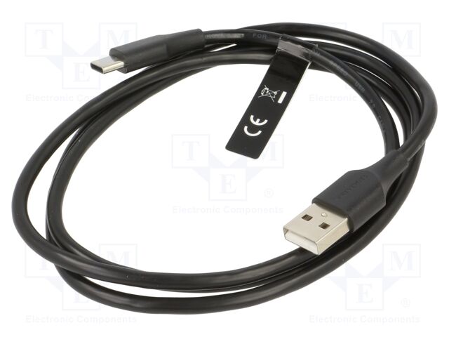Cable; USB 2.0; USB A plug,USB C plug; nickel plated; 1m; black