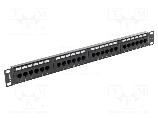 Patch panel; black; Number of ports: 24; Cat: 5e; RJ45 socket x24