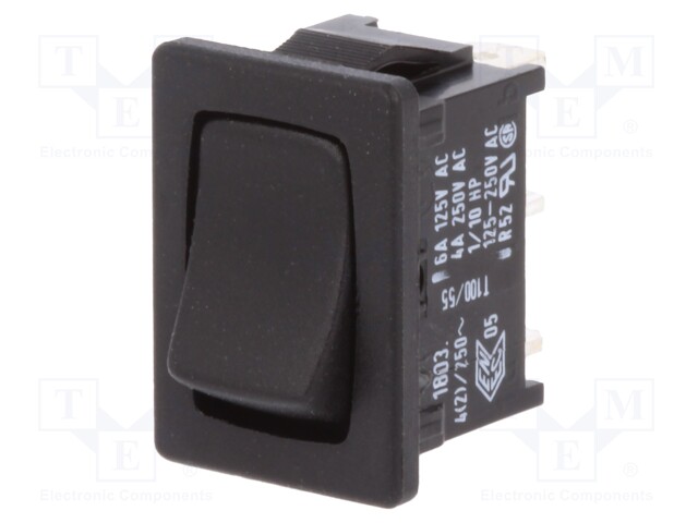 ROCKER; SPDT; Pos: 2; OFF-(ON); 4A/250VAC; black; IP40; none; 100mΩ
