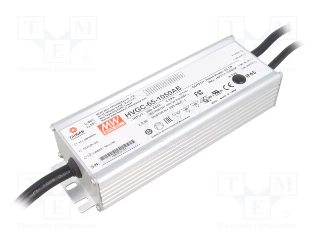 Power supply: switched-mode; LED; 65.1W; 6÷62VDC; 630÷1050mA; IP65