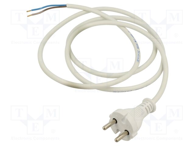 Cable; CEE 7/17 (C) plug,wires; PVC; 1.5m; white; 2x1mm2; 16A; 250V