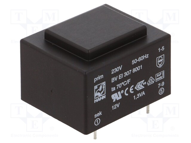 Transformer: encapsulated; 1.3VA; 230VAC; 12V; 108mA; Mounting: PCB