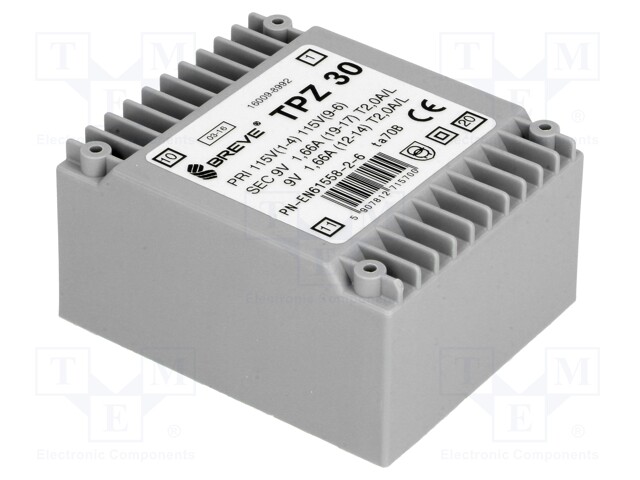 Transformer: mains; 30VA; 115VAC; 9V; 9V; Mounting: PCB; IP00